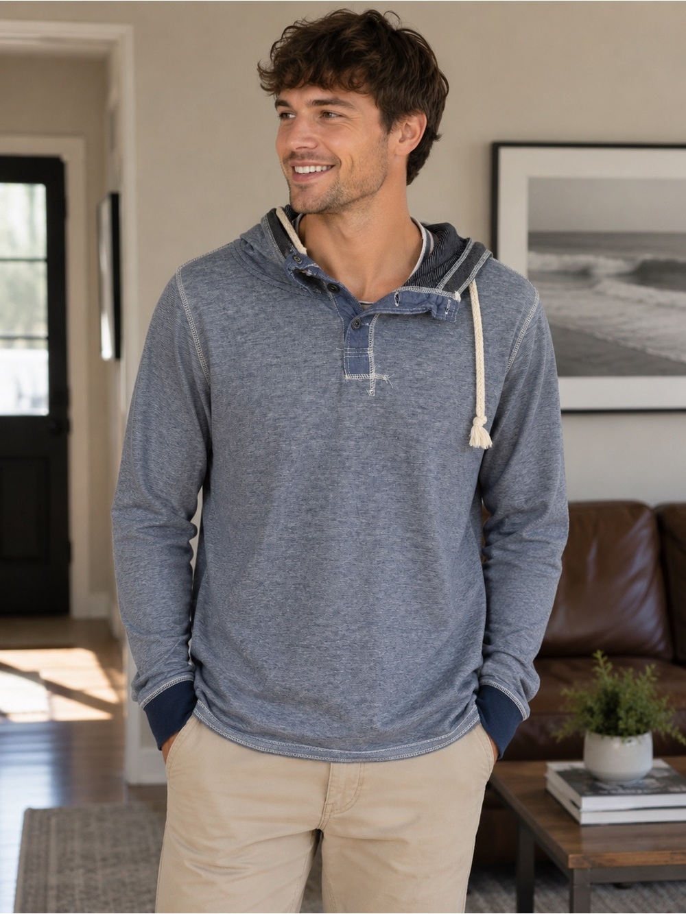 Univibe Heather Blue Hooded Long-Sleeve Henley with Contrast Trim